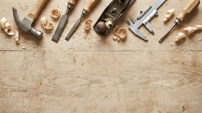 Manual carpentry tools and wood shavings arranged on a vintage wooden workbench for woodworking projects