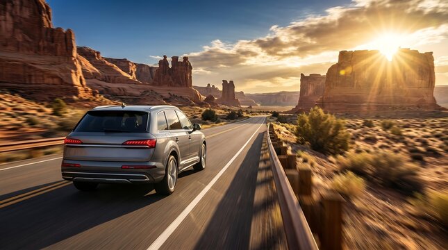 Silver SUV driving on empty desert highway towards sun