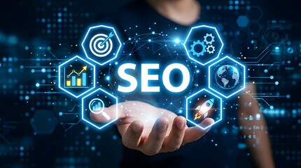 Fototapeta premium Seo concept hand holding digital icons representing search engine optimization strategies and growth