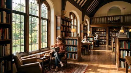 Naklejka premium Cozy library interior with people reading near large windows