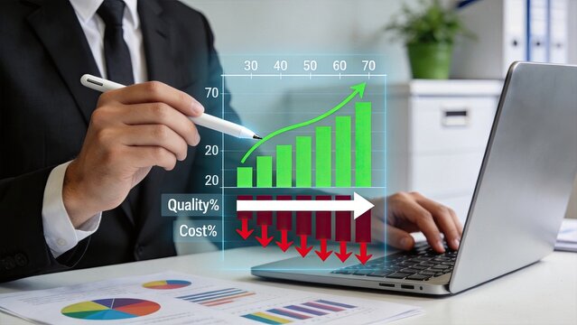 Financial growth chart analysis, business man pointing at rising bar graph on laptop screen, quality increase and cost reduction concept, economic profit and investment strategy