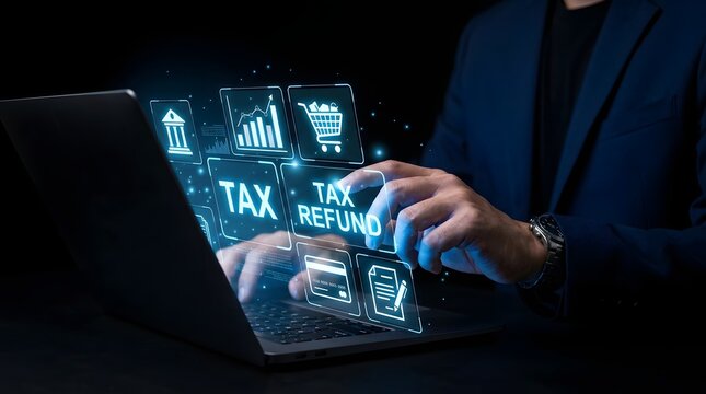 Tax refund concept man using laptop with financial icons and digital tax return interface