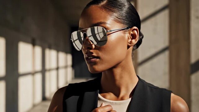 Confident woman in black sleeveless tailoring wearing silver mirror aviator shades for sunglasses day, concrete corridor, strong sunlight, sculptural shadows, luxury eyewear portrait with urban edge