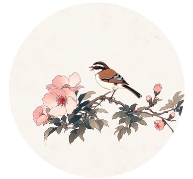 Traditional Chinese Ink Wash Circular Painting Small Bird On Branch Brown Back White Belly Black White Striped Head Black Tail Pink Flowers Green Leaves