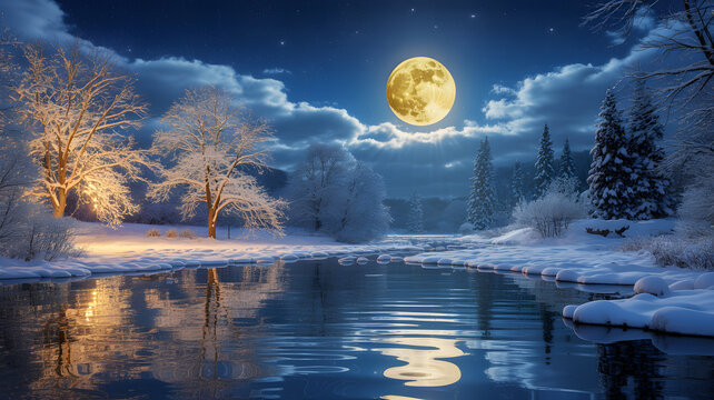 A serene winter landscape under a full moon with a calm river and snow-covered trees