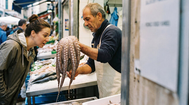 Curious shopper engaging with a friendly fishmonger showcasing a freshly caught octopus at a vibrant traditional seafood market stall