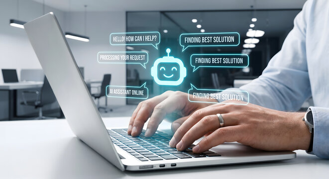 Smart chatbot assistant processing user request on laptop keyboard with helpful floating dialogue bubbles web.