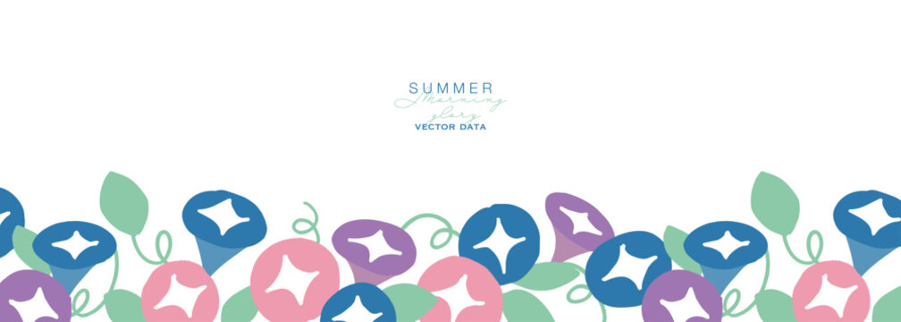 夏の朝顔イラスト。朝顔のベクターフレーム。夏の植物背景。Summer morning glory illustration. Morning glory vector frame. Summer plant background.