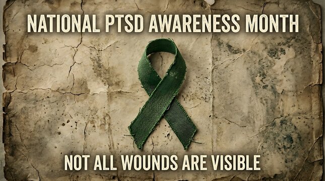 Green awareness ribbon on cracked texture for ptsd support and mental health awareness campaign