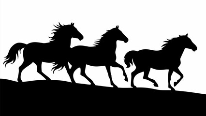 Silhouette of a herd of wild horses running across a landscape with dynamic motion expressive manes and tails in a natural setting minimalist style black © Rafi