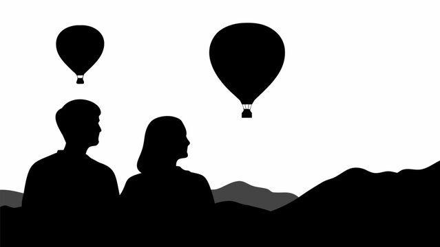 Silhouette of a couple watching hot air balloons in the sky during sunset scenic mountain landscape romantic atmosphere minimalist black