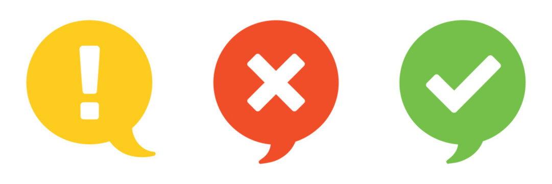 Check mark, cross, question mark, exclamation point, and information icons representing FAQ assistance, help resources, validation status, alerts, answers, and guidance symbols