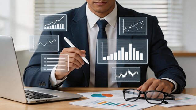 Financial analyst reviewing business data charts and graphs on paper documents, holding pen near laptop, investment strategy and market analysis concept