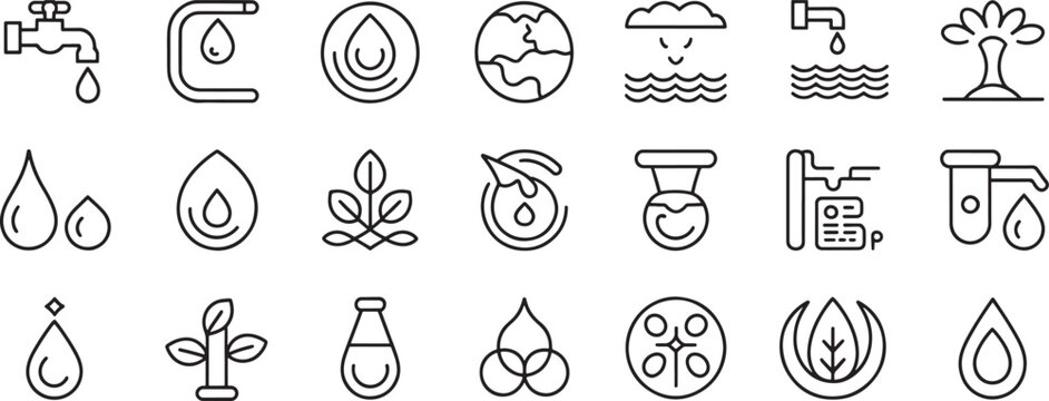 Water Conservation Icons Set with Drops, River Waves, Tap, Globe, Sprout, and Recycling Symbols in Clean Outline Style