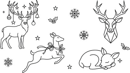 Christmas winter holiday deer line art vector elements set featuring geometric stag head leaping reindeer snowflakes sleeping fawn © MD