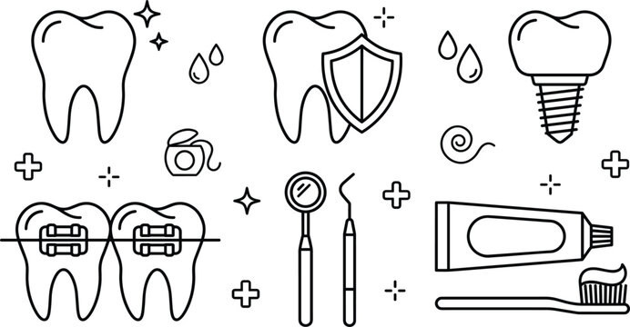 Dental care and oral hygiene vector line icons set featuring tooth implant braces shield toothbrush toothpaste clinic treatment