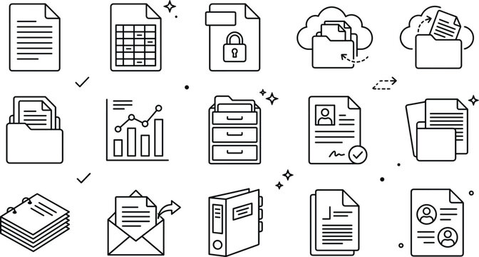 Document and file management line icon set with data sheet cloud folder locked document cabinet and analytics chart
