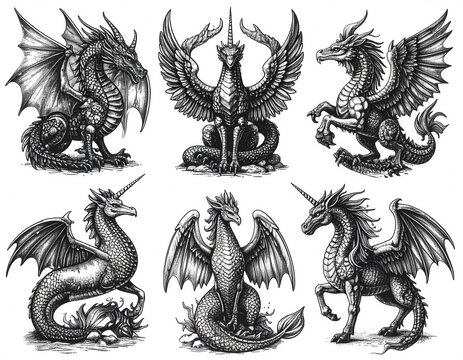 Vintage dragon engraving illustrations set, mythical creature sketches, fantasy art collection, black and white etching drawings