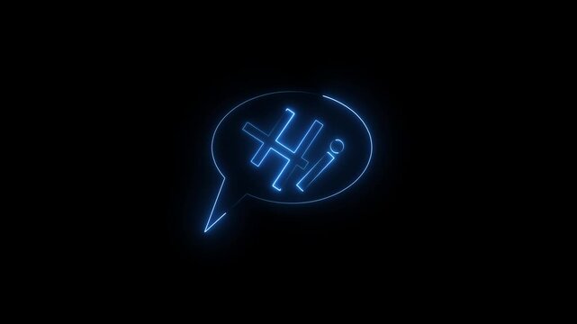 Neon blue glowing speech bubble with the word hi inside on a dark background for modern digital communication and social media messaging design concept