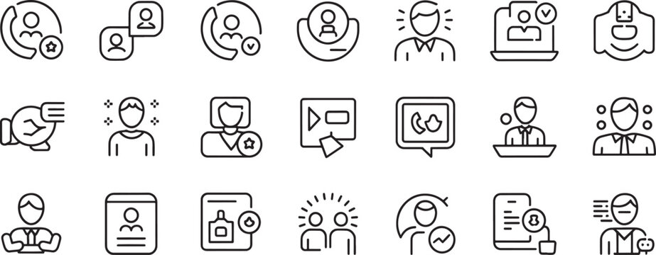 Customer Service Icons Set with Chat, Headset, Verification Badge and Support Agents in Outline Vector Style