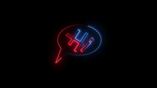 Neon hi speech bubble sign glowing with red and blue light on a dark background for social media communication concept and digital messaging design elements
