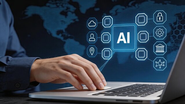Artificial intelligence concept with futuristic holographic interface on laptop screen, businessman hand using touchpad for cloud computing and data analysis in global technology