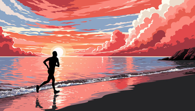 Silhouette illustration of a runner jogging along a beach at sunset, with vibrant clouds and ocean waves reflecting the colorful sky in the background