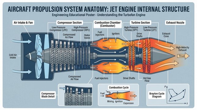 Aircraft Propulsion System Anatomy: A detailed schematic illustrating the internal structure of a jet engine, breaking down its core components and processes, including airflow, combustion.