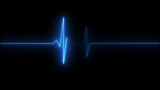 Bright blue glowing heart beat pulse line on a dark black background representing medical life health rhythm and cardiology monitoring technology for hospitals and emergency care services concept