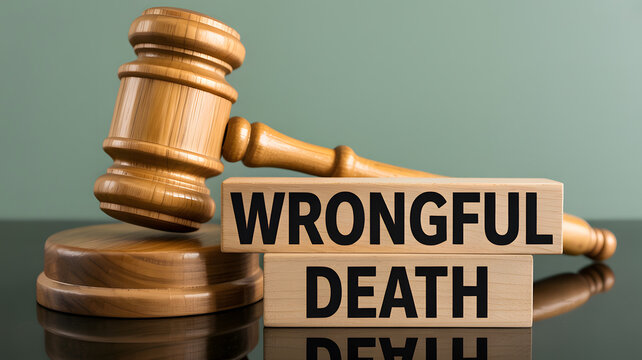 A gavel and blocks with wrongful death on a reflective surface in a courtroom setting