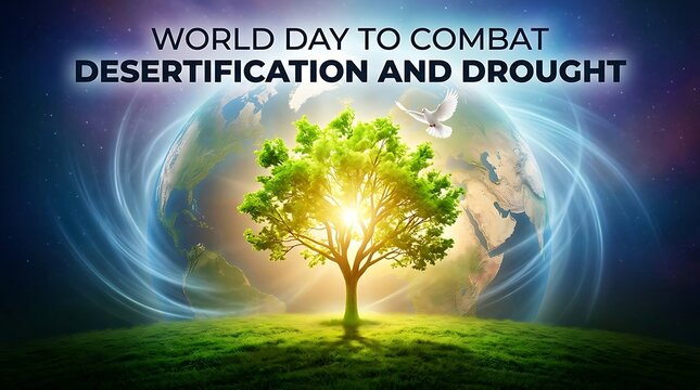 World day to combat desertification and drought with glowing tree and earth illustration