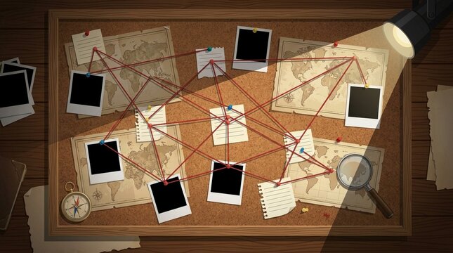 Detective evidence board with blank instant photos and red thread connection