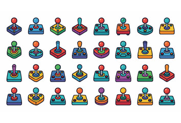 Fototapeta premium Colorful arcade joystick icon set featuring retro gaming controllers and classic video game machine symbols