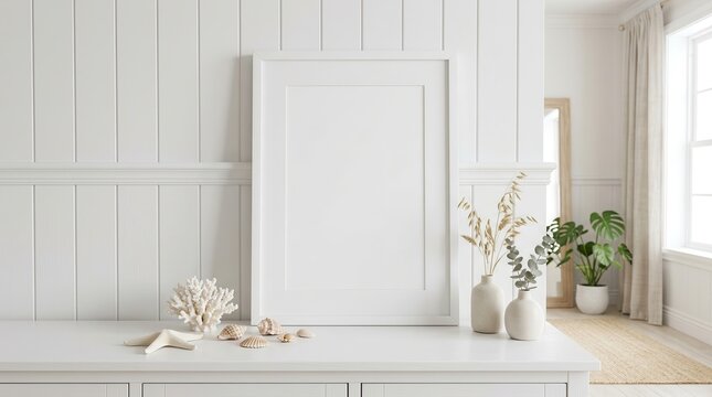Empty white mockup frame in a coastal style home interior background.
