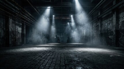 Fototapeta premium Dark grunge 3D display background with a smoky atmosphere and spotlight beams.