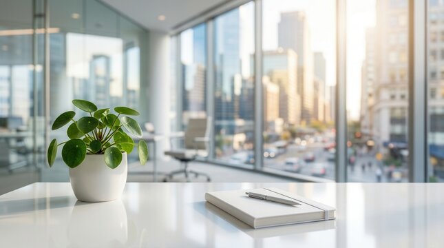 Modern empty office interior design with a blurred city center workspace background.