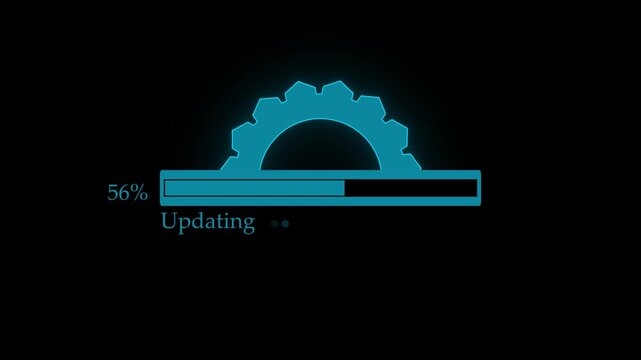 Blue digital progress bar with gear icon showing eleven percent loading status on a dark computer screen background representing software system update process and technology installation concept