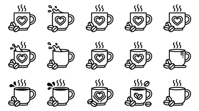 Collection of Coffee Cup Icons with Heart Design and Coffee Beans.
