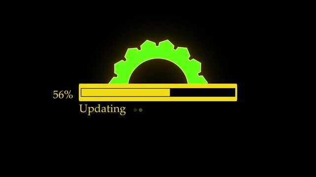 A glowing green gear icon above a yellow progress bar at eleven percent showing an updating status on a dark black screen representing system software installation and computer data loading process