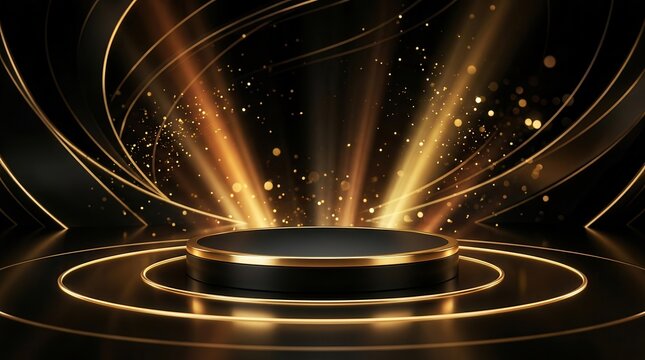 Abstract luxury background featuring golden shapes and glowing light rays.