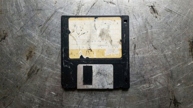 Old floppy disk on scratched metal surface symbolizing outdated technology