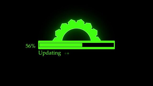 Bright green glowing gear icon with a progress bar showing eleven percent loading status and the text updating on a dark black background representing software installation and system maintenance