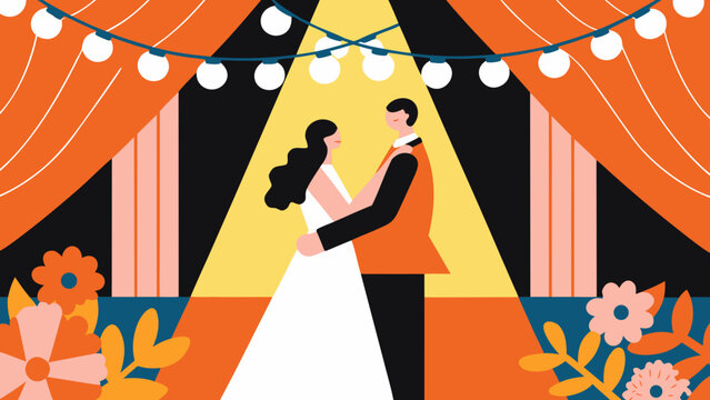 Newlywed couple dancing in a decorated venue with orange drapes, string lights, and floral arrangements, celebrating their first dance together in a romantic setting in reception wedding