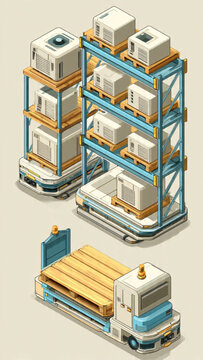 Automated Warehouse Robot Managing Storage Shelves and Pallets.