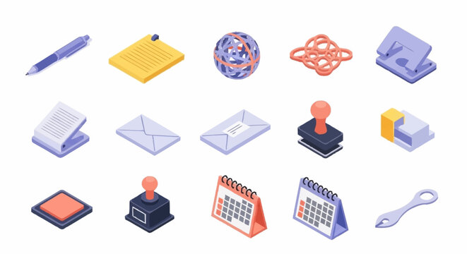 Collection of isometric office supplies and stationery items on a white background.