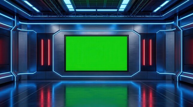 Modern virtual studio with chroma key green screen TV display.