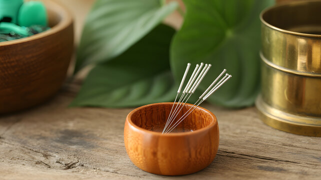 A set of acupuncture needles in a wooden bowl on a rustic table with natural elements