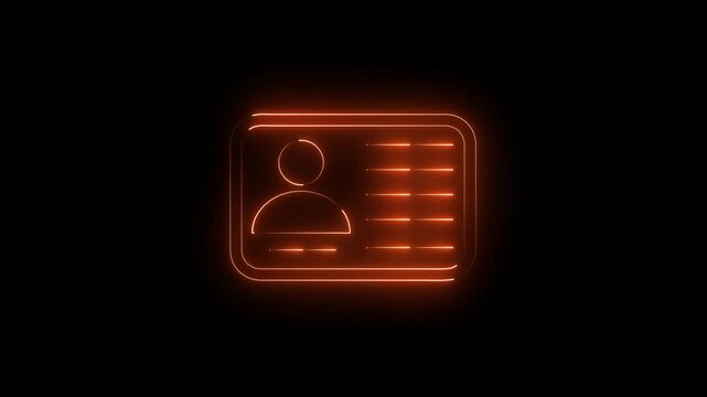 Glowing orange neon identification card icon featuring a simple person profile silhouette and text lines representing personal information for digital security and identity verification concepts