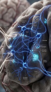 Hyper realistic interneuron network inside human brain accurate neurological anatomy glowing blue neural pathways realistic synaptic communication circuits linking sensory and motor neurons advanced n