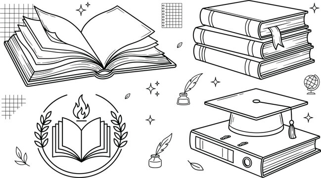 Education and literature doodle vector set with open book graduation cap stack of textbooks inkwell and laurel emblem